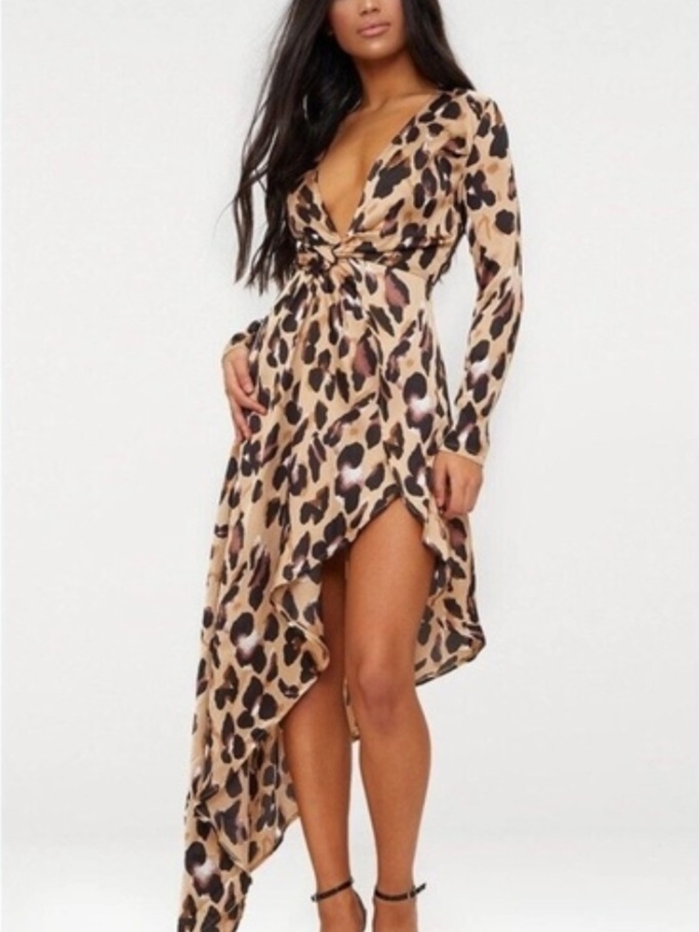 PrettyLittleThing Leopard Wrap High-Low Dress - Beige & Black